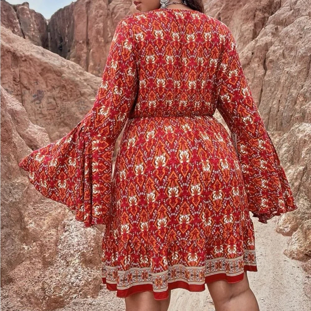 Boho flounce sleeve tie front dress - Picture 3 of 5